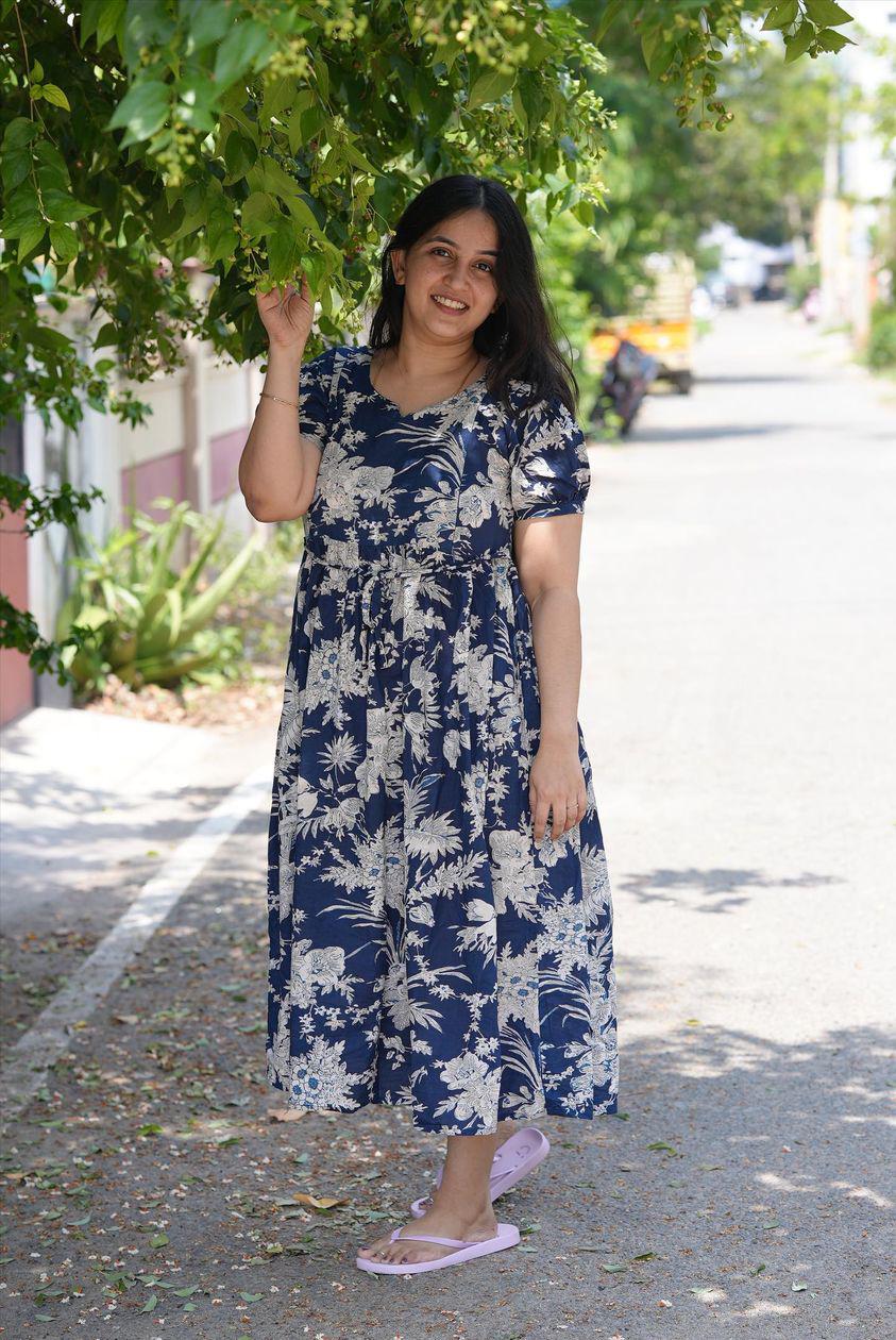 Women Blue Floral Printed Flared Maternity Dress – Nayo Clothing